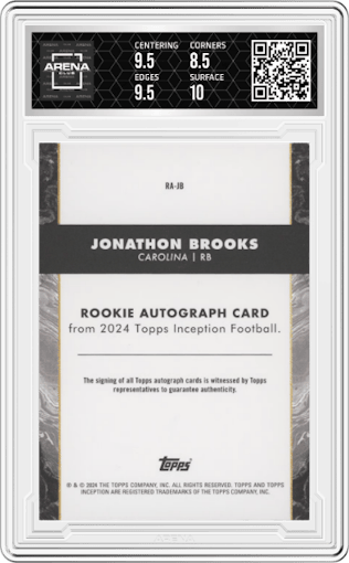 Jonathon Brooks from the 2024 Topps Inception set graded by Arena Club and given an overall grade of 9.