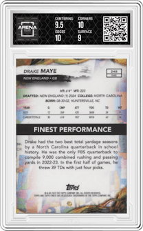 Drake Maye from the 2024 Finest set graded by Arena Club and given an overall grade of 9.5.