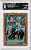 Trevor Lawrence from the 2021 Panini Donruss Optic set featuring a Orange Scope parallel graded by Arena Club and given an overall grade of 8.