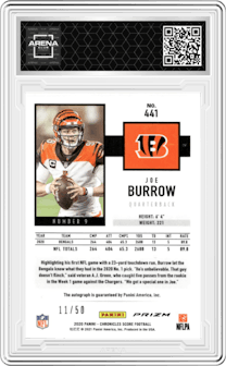 Joe Burrow from the 2020 Panini Chronicles set featuring a Gold Zone parallel graded by Arena Club.