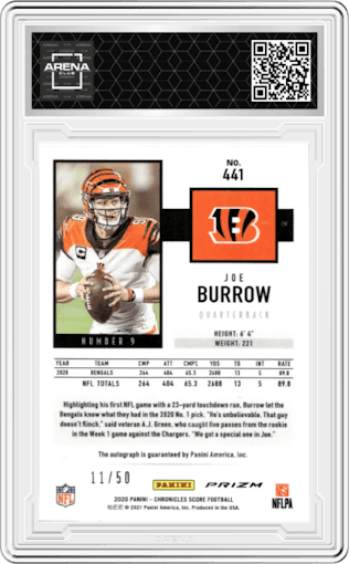 Joe Burrow from the 2020 Panini Chronicles set featuring a Gold Zone parallel graded by Arena Club.