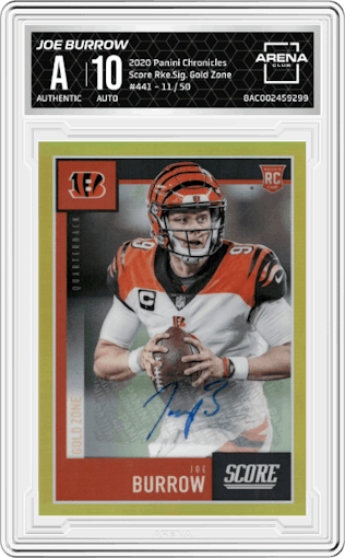 Joe Burrow from the 2020 Panini Chronicles set featuring a Gold Zone parallel graded by Arena Club.