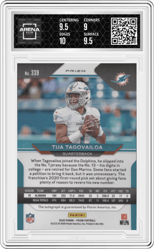 Tua Tagovailoa from the 2020 Panini Prizm set graded by Arena Club and given an overall grade of 9.5.