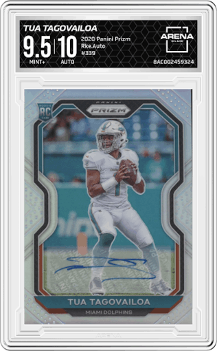 Tua Tagovailoa from the 2020 Panini Prizm set graded by Arena Club and given an overall grade of 9.5.