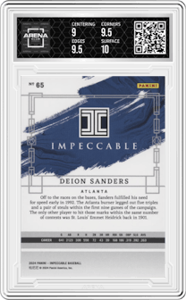 Deion Sanders from the 2024 Panini Impeccable set featuring a Amethyst parallel graded by Arena Club and given an overall grade of 9.5.
