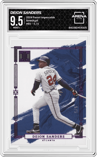 Deion Sanders from the 2024 Panini Impeccable set featuring a Amethyst parallel graded by Arena Club and given an overall grade of 9.5.