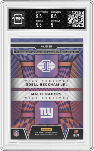 Odell Beckham Jr./Malik Nabers from the 2024 Panini Illusions set graded by Arena Club and given an overall grade of 9.
