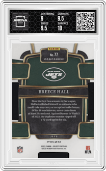 Breece Hall from the 2023 Panini Select set featuring a Die-Cut Zebra Prizm parallel graded by Arena Club and given an overall grade of 9.5.