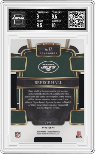 Breece Hall from the 2023 Panini Select set featuring a Die-Cut Zebra Prizm parallel graded by Arena Club and given an overall grade of 9.5.