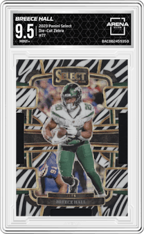 Breece Hall from the 2023 Panini Select set featuring a Die-Cut Zebra Prizm parallel graded by Arena Club and given an overall grade of 9.5.