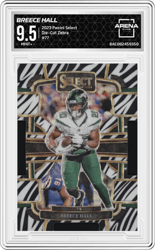 Breece Hall from the 2023 Panini Select set featuring a Die-Cut Zebra Prizm parallel graded by Arena Club and given an overall grade of 9.5.