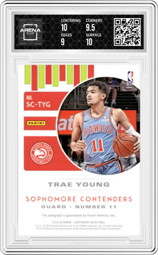 Trae Young from the 2019-20 Panini Contenders set graded by Arena Club and given an overall grade of 9.5.