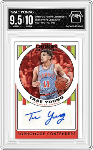 Trae Young from the 2019-20 Panini Contenders set graded by Arena Club and given an overall grade of 9.5.