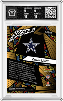 CeeDee Lamb from the 2023 Panini Mosaic set graded by Arena Club and given an overall grade of 9.5.
