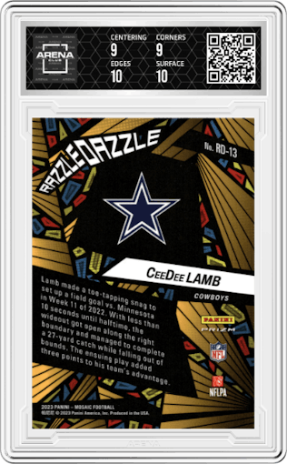 CeeDee Lamb from the 2023 Panini Mosaic set graded by Arena Club and given an overall grade of 9.5.