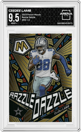 CeeDee Lamb from the 2023 Panini Mosaic set graded by Arena Club and given an overall grade of 9.5.