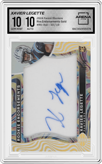 Xavier Legette from the 2024 Panini Illusions set featuring a Gold parallel graded by Arena Club and given an overall grade of 10.
