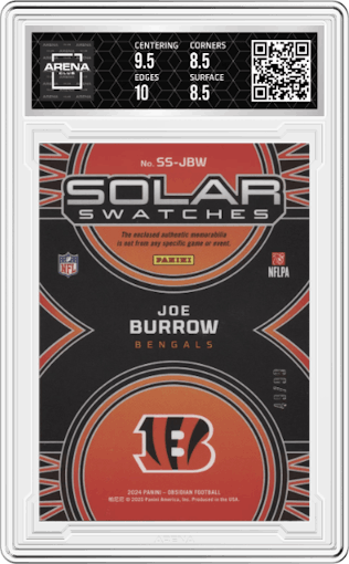 Joe Burrow from the 2024 Panini Obsidian set featuring a Silver  parallel graded by Arena Club and given an overall grade of 9.