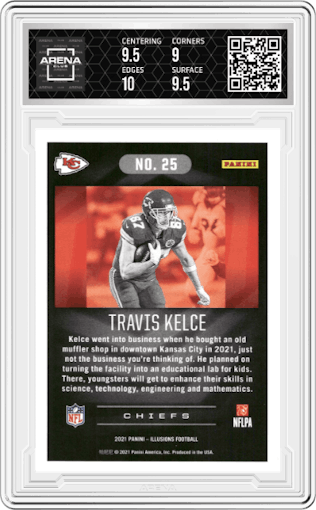 Travis Kelce from the 2021 Panini Illusions set featuring a Trophy Collection Green parallel graded by Arena Club and given an overall grade of 9.5.
