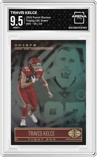 Travis Kelce from the 2021 Panini Illusions set featuring a Trophy Collection Green parallel graded by Arena Club and given an overall grade of 9.5.
