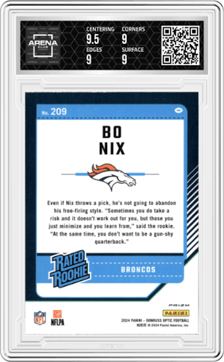 Bo Nix from the 2024 Donruss Optic set featuring a Green Velocity parallel graded by Arena Club and given an overall grade of 9.
