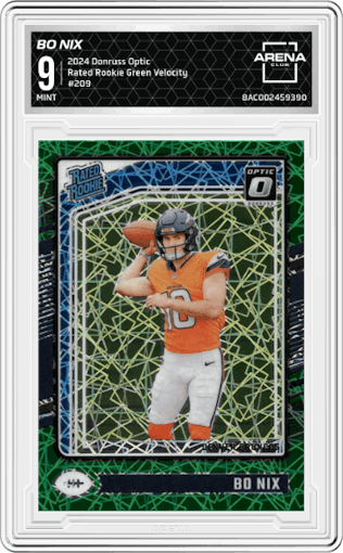 Bo Nix from the 2024 Donruss Optic set featuring a Green Velocity parallel graded by Arena Club and given an overall grade of 9.
