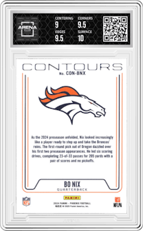 Bo Nix from the 2024 Panini Phoenix set featuring a Wave parallel graded by Arena Club and given an overall grade of 9.5.