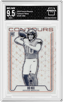 Bo Nix from the 2024 Panini Phoenix set featuring a Wave parallel graded by Arena Club and given an overall grade of 9.5.