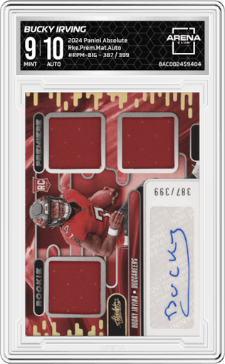 Bucky Irving from the 2024 Panini Absolute set graded by Arena Club and given an overall grade of 9.