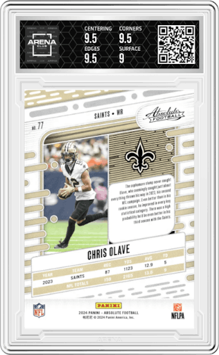 Chris Olave from the 2024 Panini Absolute set featuring a Red Squares parallel graded by Arena Club and given an overall grade of 9.5.