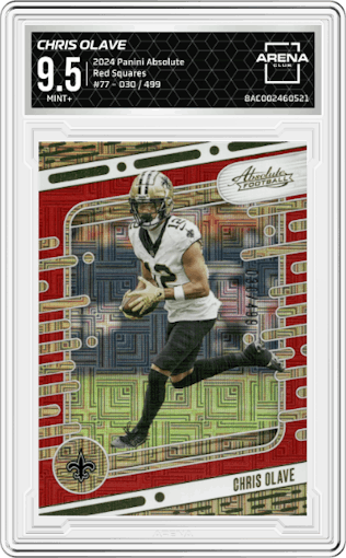 Chris Olave from the 2024 Panini Absolute set featuring a Red Squares parallel graded by Arena Club and given an overall grade of 9.5.