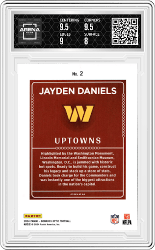 Jayden Daniels from the 2024 Donruss Optic set graded by Arena Club and given an overall grade of 8.5.