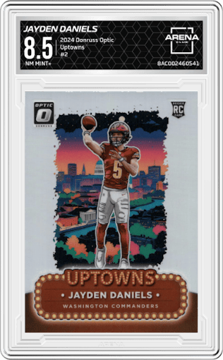 Jayden Daniels from the 2024 Donruss Optic set graded by Arena Club and given an overall grade of 8.5.