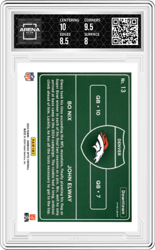 Bo Nix/John Elway from the 2024 Donruss Optic set graded by Arena Club and given an overall grade of 8.5.