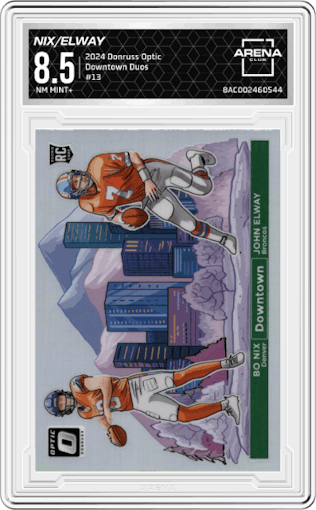 Bo Nix/John Elway from the 2024 Donruss Optic set graded by Arena Club and given an overall grade of 8.5.