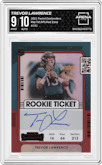 Trevor Lawrence from the 2021 Panini Contenders   set featuring a Red Zone parallel graded by Arena Club and given an overall grade of 9.