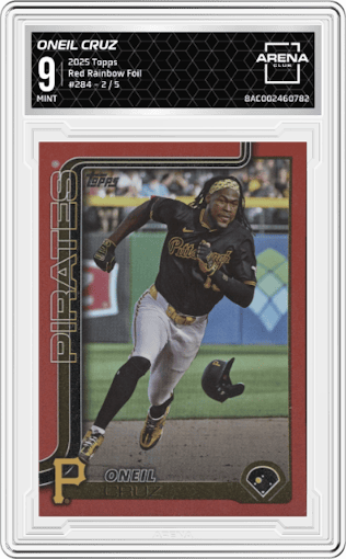 Oneil Cruz	 from the 2025 Topps set featuring a Red Rainbow Foil parallel graded by Arena Club and given an overall grade of 9.
