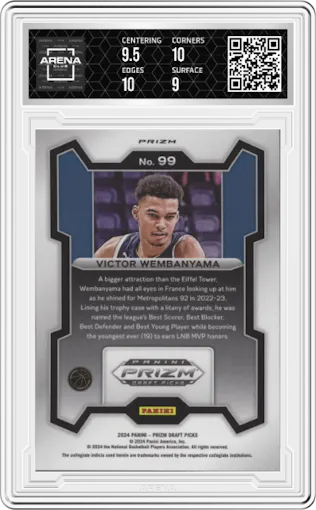 Victor Wembanyama from the 2024 Panini Prizm Draft Picks set featuring a Snakeskin parallel graded by Arena Club and given an overall grade of 9.5.