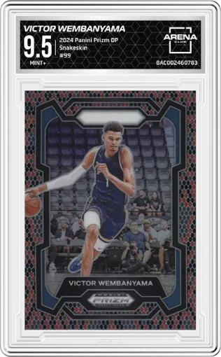 Victor Wembanyama from the 2024 Panini Prizm Draft Picks set featuring a Snakeskin parallel graded by Arena Club and given an overall grade of 9.5.