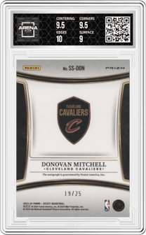 Donovan Mitchell from the 2023-24 Panini Select  set featuring a Tie-Dye parallel graded by Arena Club and given an overall grade of 9.5.