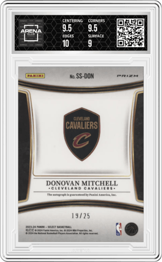 Donovan Mitchell from the 2023-24 Panini Select  set featuring a Tie-Dye parallel graded by Arena Club and given an overall grade of 9.5.