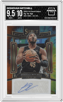 Donovan Mitchell from the 2023-24 Panini Select  set featuring a Tie-Dye parallel graded by Arena Club and given an overall grade of 9.5.