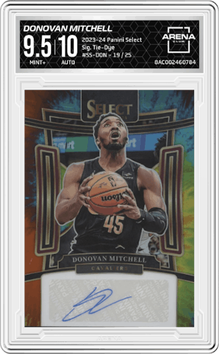 Donovan Mitchell from the 2023-24 Panini Select  set featuring a Tie-Dye parallel graded by Arena Club and given an overall grade of 9.5.