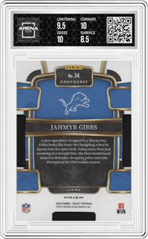Jahmyr Gibbs from the 2023 Panini Select set featuring a Die-Cut Zebra Prizm parallel and given an overall grade of 9.