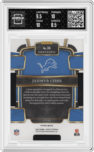 Jahmyr Gibbs from the 2023 Panini Select set featuring a Die-Cut Zebra Prizm parallel graded by Arena Club and given an overall grade of 9.