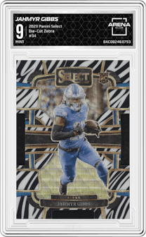 Jahmyr Gibbs from the 2023 Panini Select set featuring a Die-Cut Zebra Prizm parallel and given an overall grade of 9.