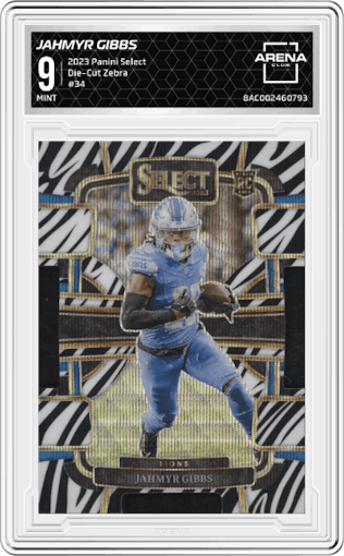 Jahmyr Gibbs from the 2023 Panini Select set featuring a Die-Cut Zebra Prizm parallel graded by Arena Club and given an overall grade of 9.