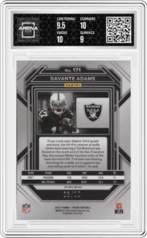 Davante Adams from the 2022 Panini Prizm set featuring a Gold Prizm parallel graded by Arena Club and given an overall grade of 9.5.