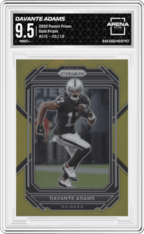 Davante Adams from the 2022 Panini Prizm set featuring a Gold Prizm parallel graded by Arena Club and given an overall grade of 9.5.