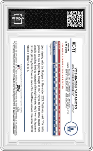 Yoshinobu Yamamoto from the 2024 Topps Chrome Update set featuring a Purple Refractor parallel graded by Arena Club.